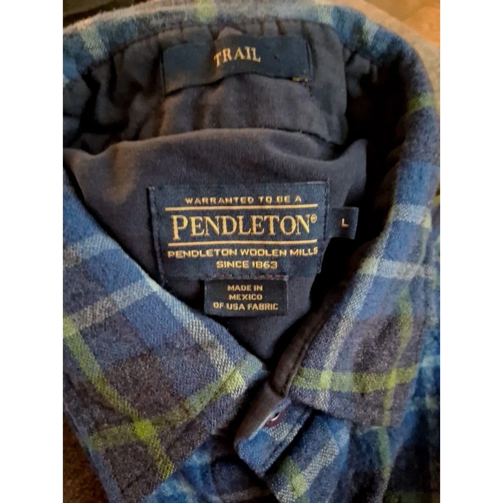 Pendleton Mens size Large Trail Shirt Blue Virgin Wool Button Up Elbow Patch - Picture 4 of 9